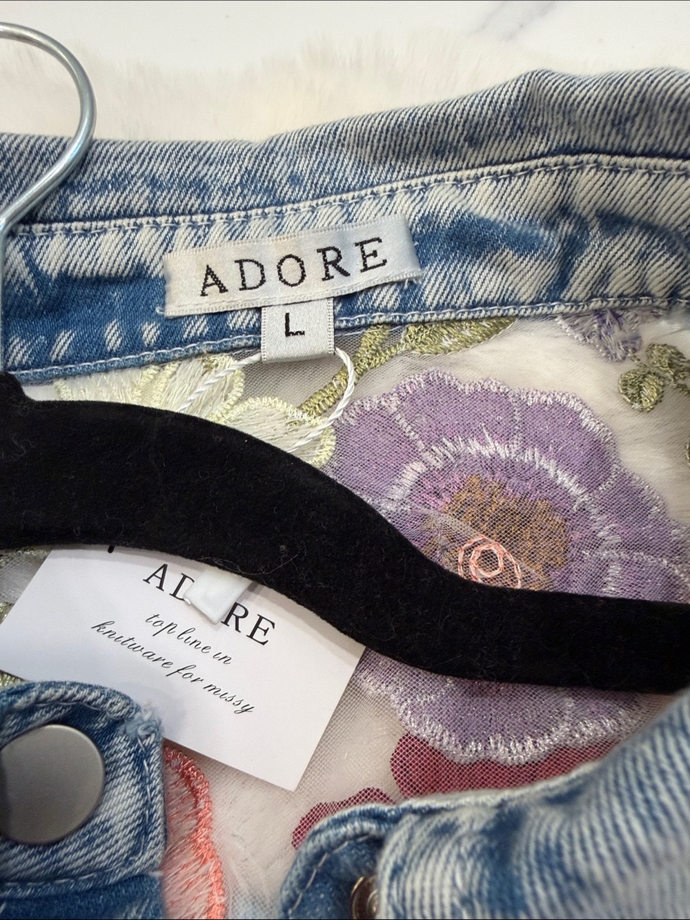 Adore Light Blue Denim Jacket with Multicolor Floral Embroidery - Picture 3 of 4